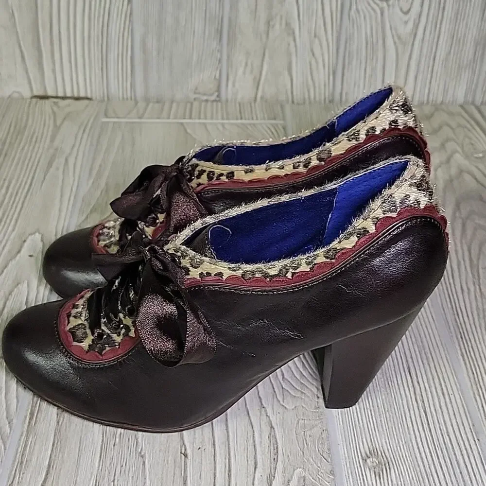 Poetic Licence Backlash Chocolate Leopard Print Lace Up Heels Womens EU37 US 6.5